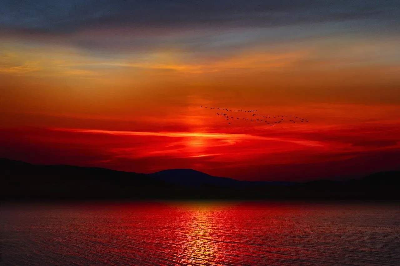 mountain, sunset, sea